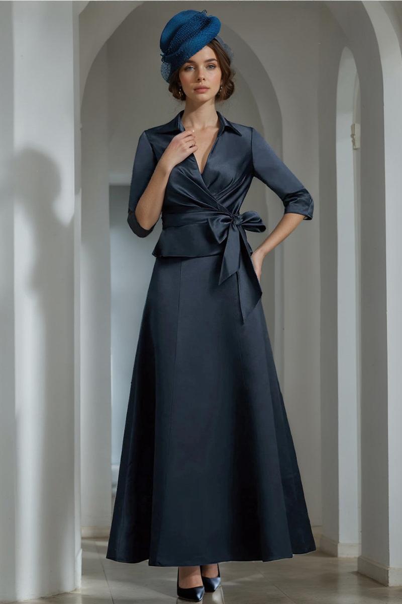 Elegant V Neck Satin A Line Mother of the Bride Ankle Length Dress