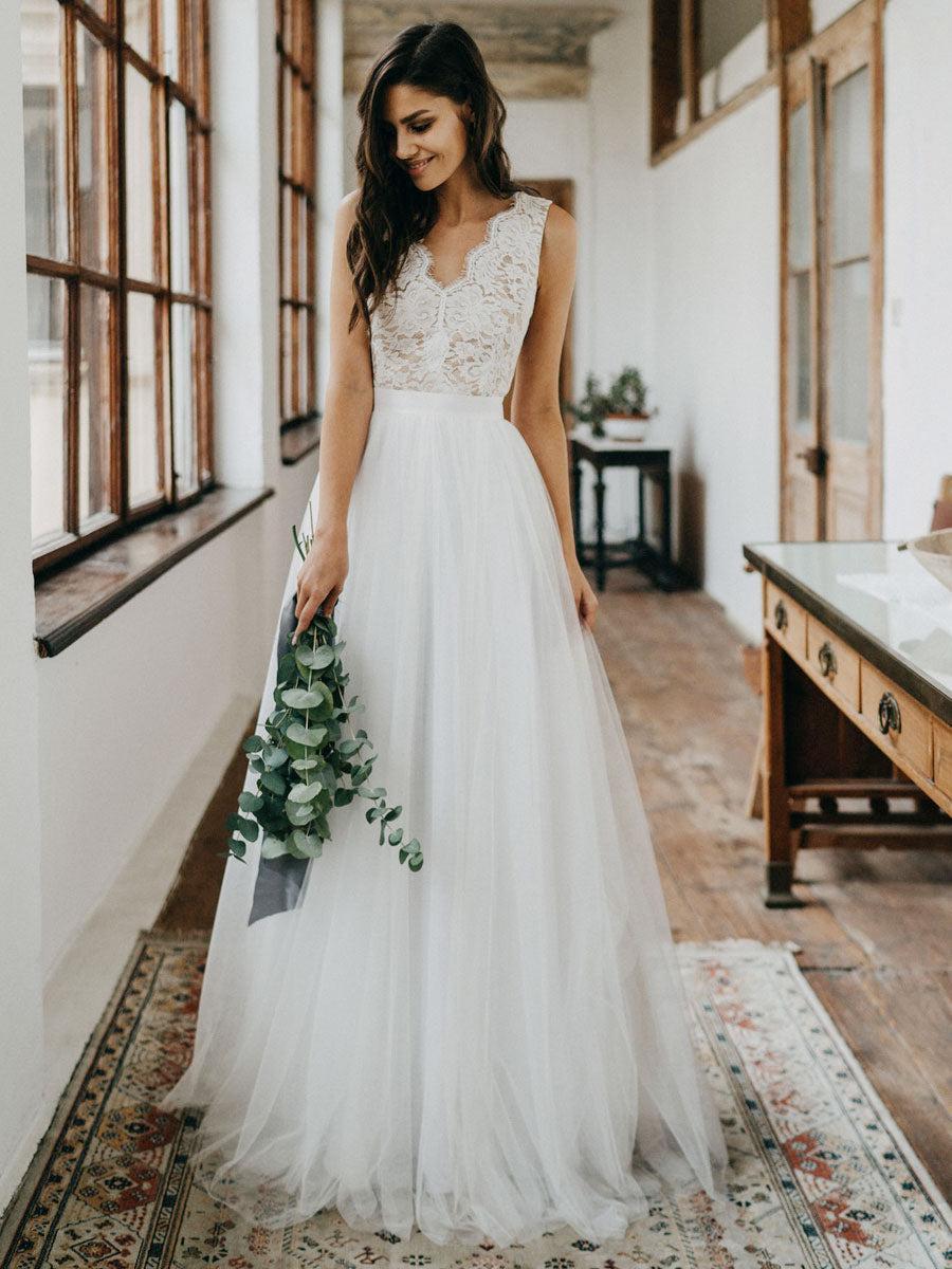 Elegant V Neck Tulle White Lace Sleeveless A-Line Beach Wedding Dresses