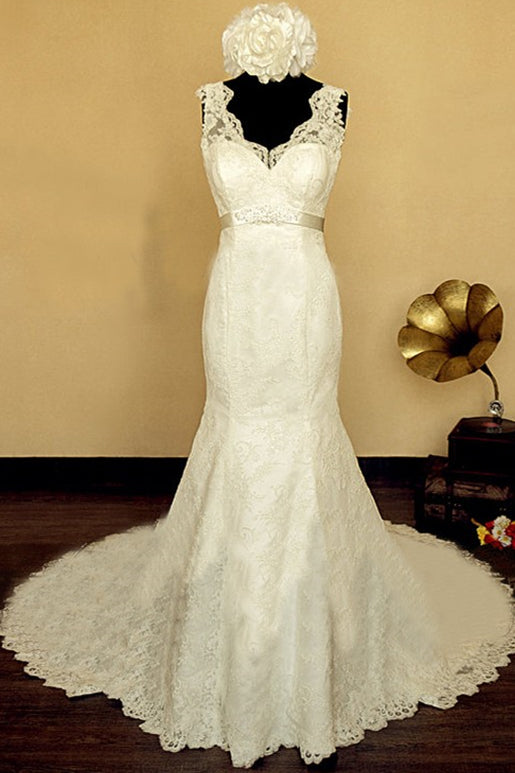 Elegant V-neck Lace Wedding Dress Mermaid Long Train Bridal Gowns with Beading Sash