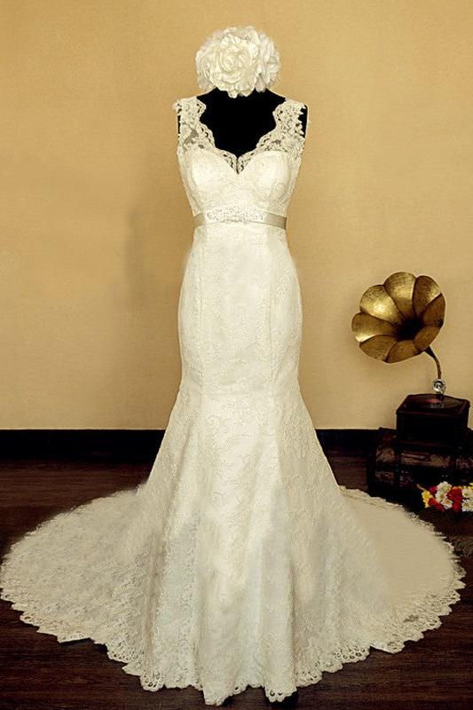 Elegant V-neck Lace Wedding Dress Mermaid Long Train Bridal Gowns with Beading Sash