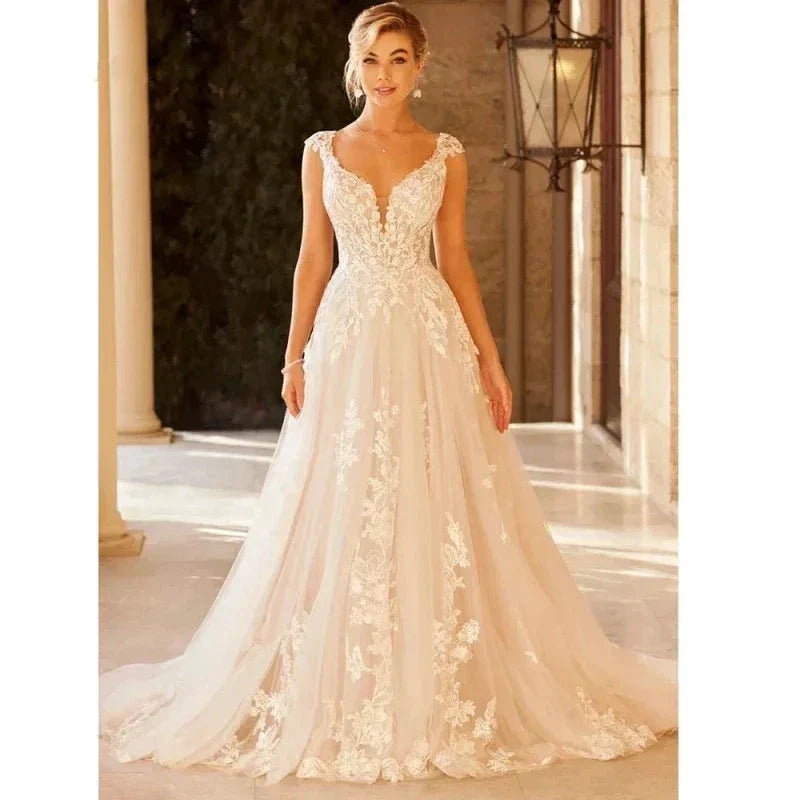 Elegant Wedding Dress For Women V-Neck Cap Sleeve Lace Appliques Vestidos De Novia With Button Sweep Train by payinti