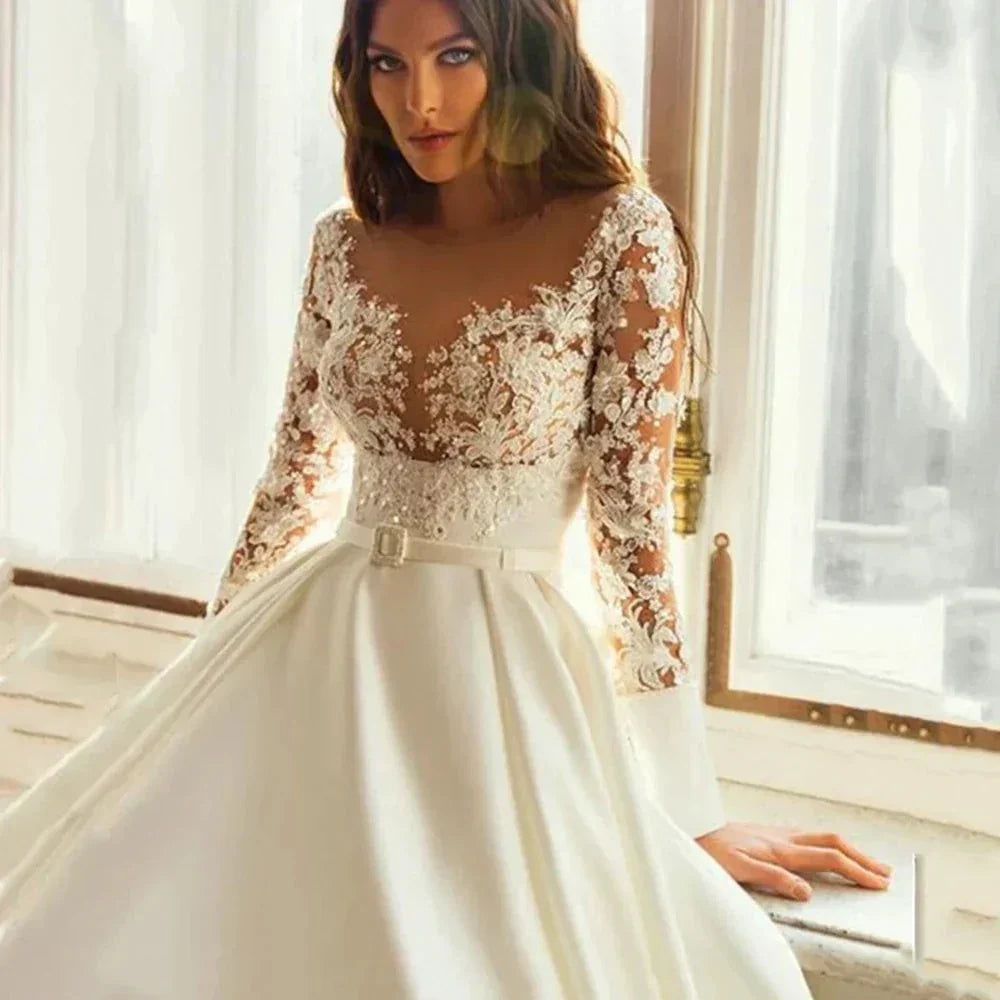 Elegant Wedding Dresses Long Sleeves For Women Princess A Line Bridal Gowns Custom Made Lace Appliques Satin Robe De Mariee (ZD13457)