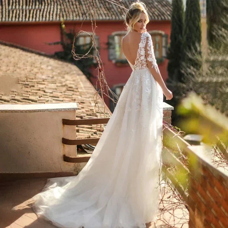 Elegant Wedding Dresses V-Neck Long Sleeves Lace Appliques Vestido De Noiva Backless Tulle Vestidos De Novia (ZD14077)