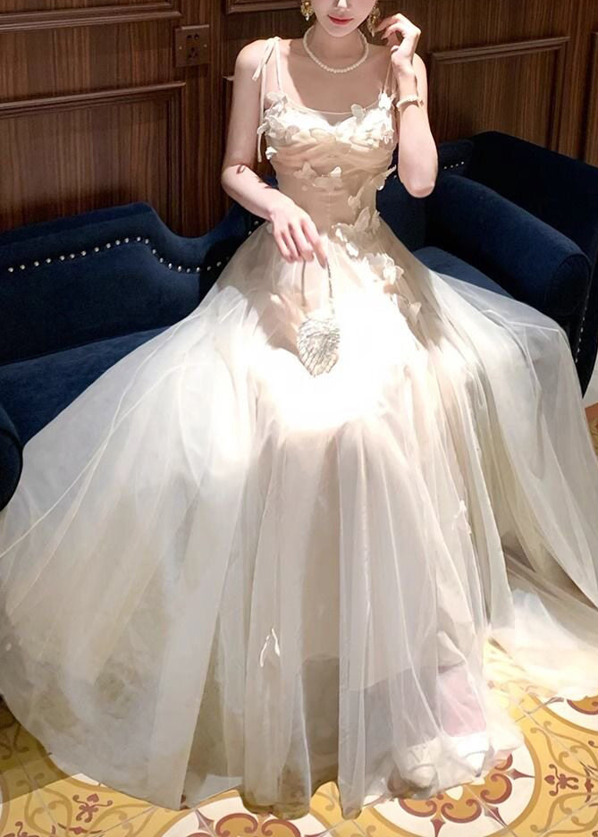 Elegant White Cold Shoulder Butterfly Tulle Maxi Spaghetti Strap Dress Summer