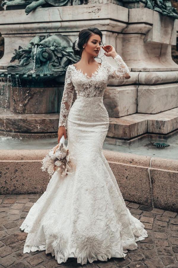 Elegant White Floral Lace Mermaid Spring Beach Wedding Dress Long Sleeves V-Neck Slim Beach Bridal Dresses