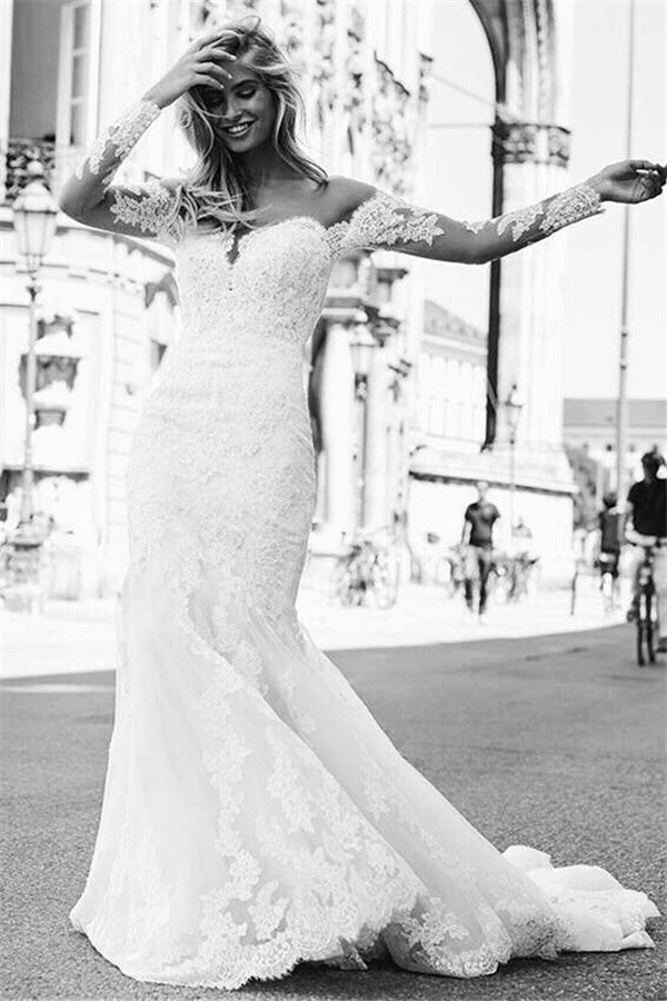 Elegant White Long Sleeves Lace Appliques Prom Dresses | Mermaid Sweep Train Bridal Gown