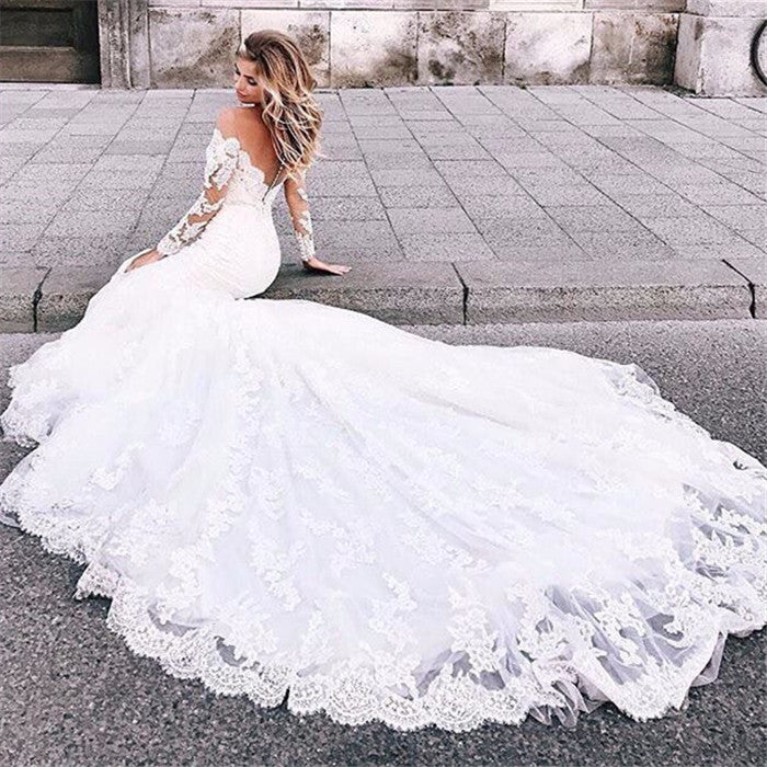 Elegant White Long Sleeves Lace Appliques Prom Dresses | Mermaid Sweep Train Bridal Gown