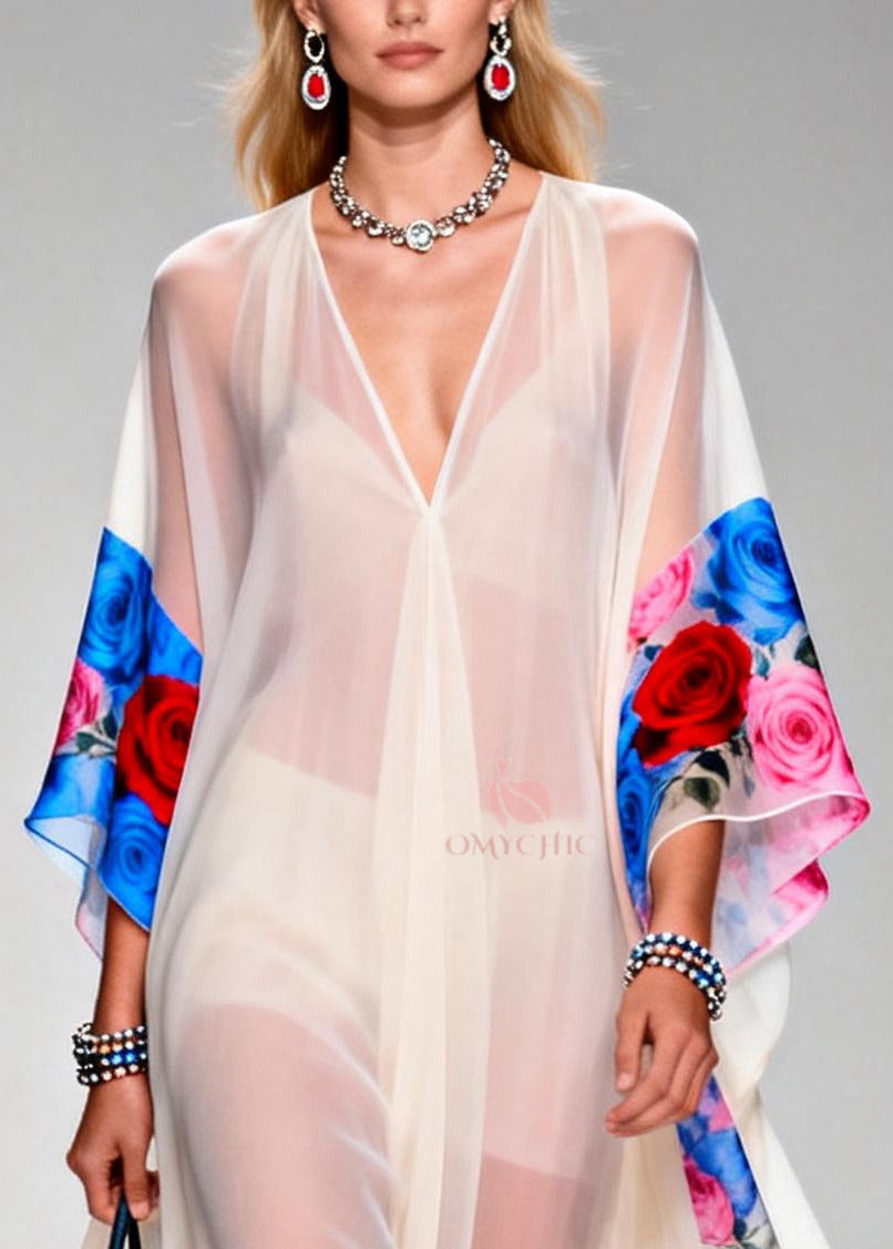 Elegant White Oversized Print Sheer Chiffon Maxi Dresses Summer