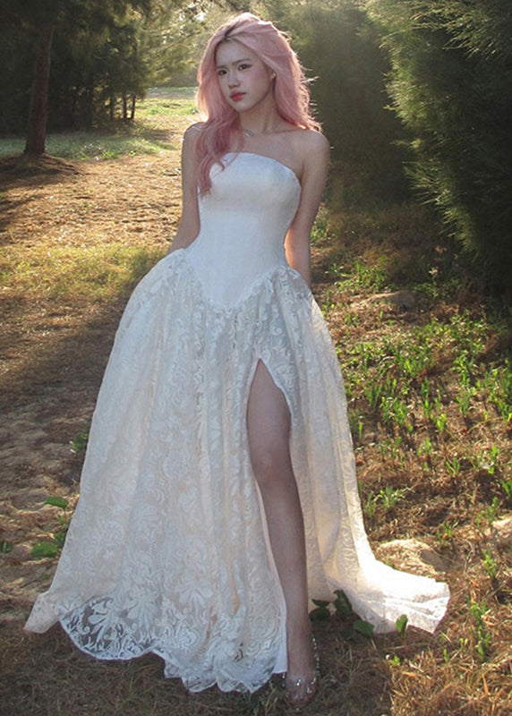 Elegant White Patchwork Side Open Long Dress Cold Shoulder Sleeveless