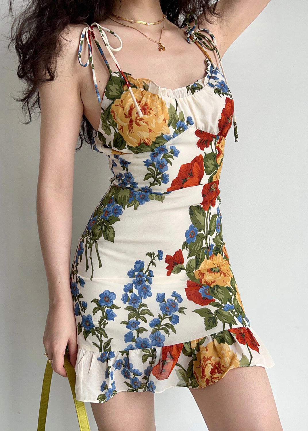 Elegant White Ruffled Floral Print Chiffon Mini Dress Summer
