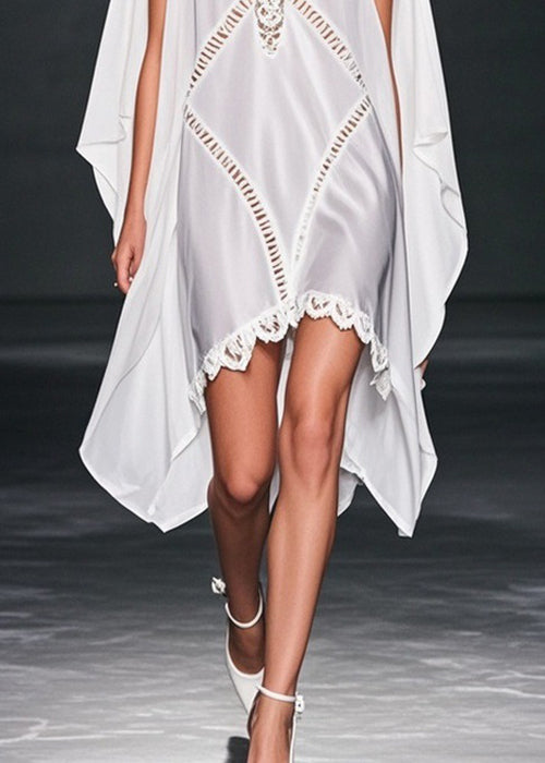 Elegant White V Neck Hollow Out Low High Design Chiffon Dresses Summer