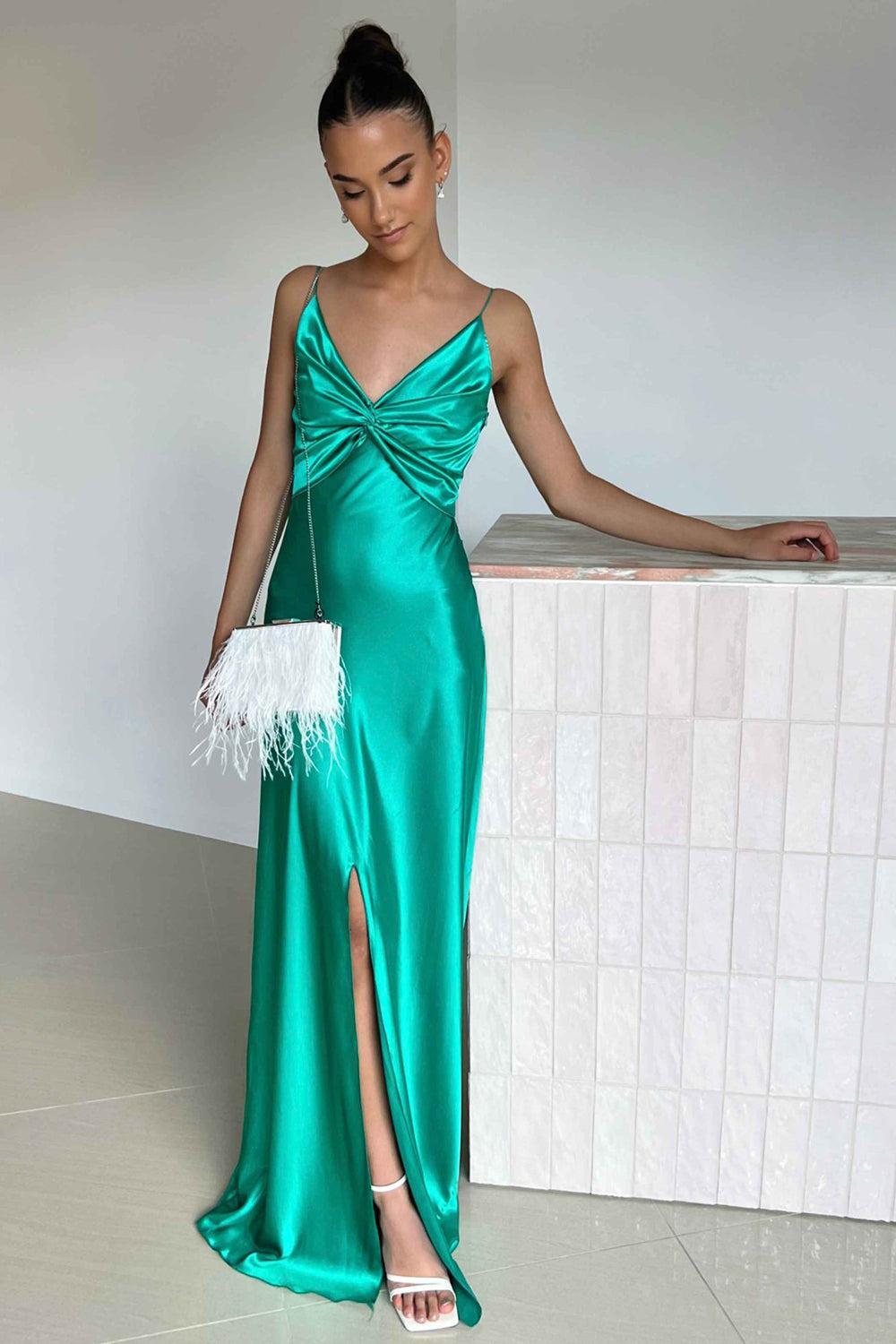 Suzhoufashion Elegant Yellow V-Neck Back Satin Gown With Front Twist Formal Evening Gown