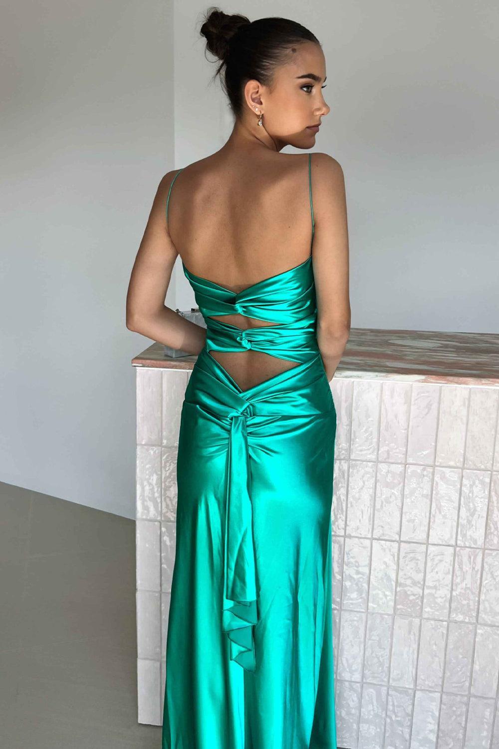 Suzhoufashion Elegant Yellow V-Neck Back Satin Gown With Front Twist Formal Evening Gown