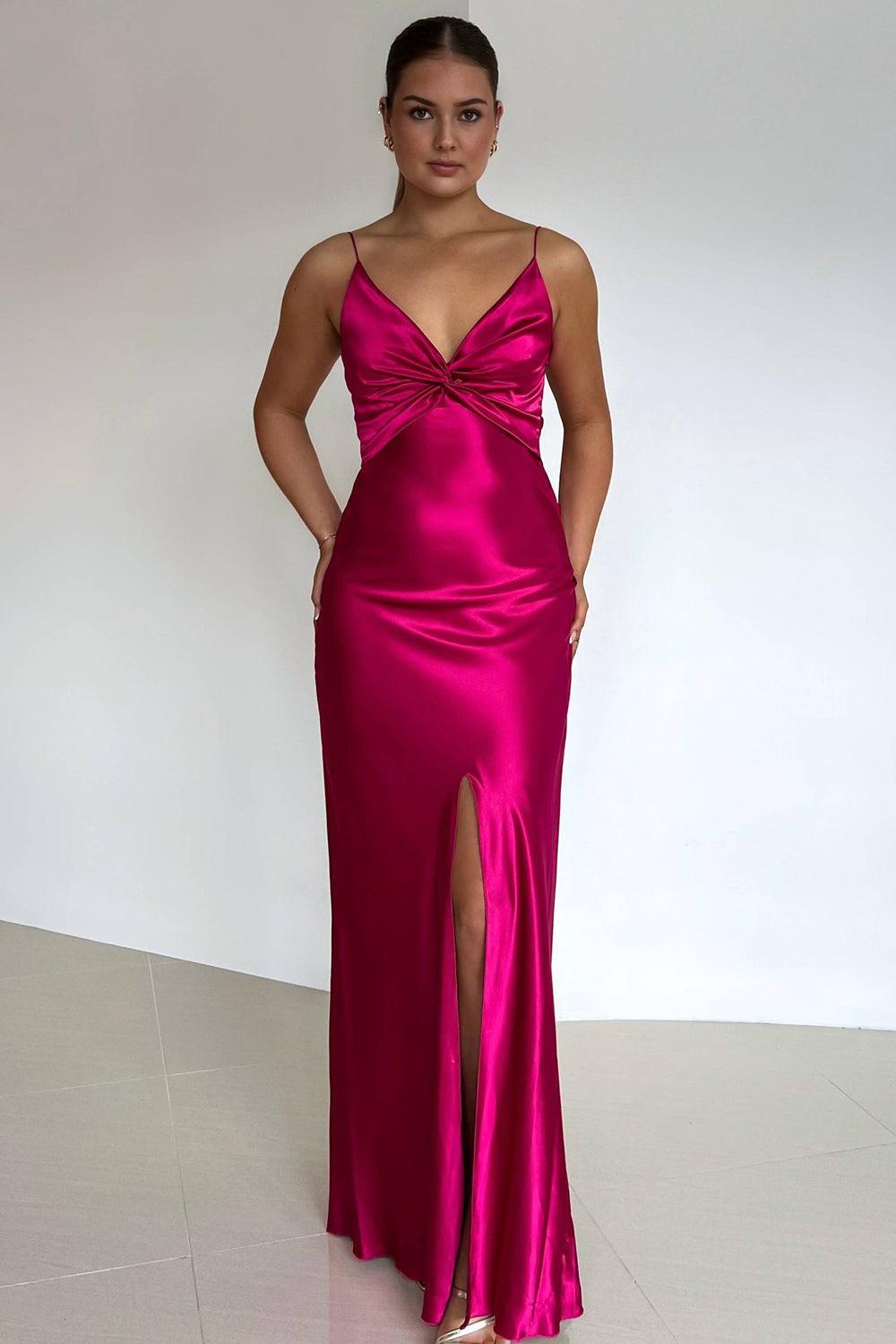 Suzhoufashion Elegant Yellow V-Neck Back Satin Gown With Front Twist Formal Evening Gown