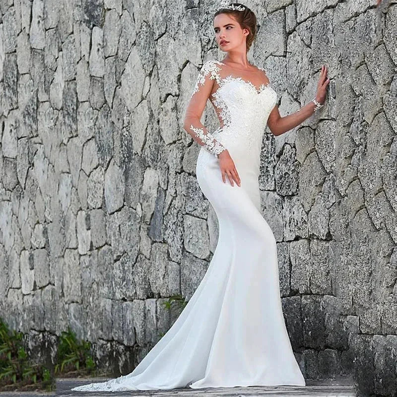 Elegant white bridal gown crew neck Long Sleeve Decal Crystal beaded floor-length long sleeve mermaid wedding dress with train (ZD14218) - VelvetHem