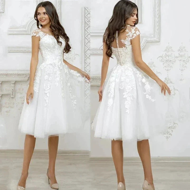 Elegant white tulle applique round neck short sleeve formal dress A-line knee-length bridal wedding dress فساتين للحفلات الراقصة by payinti