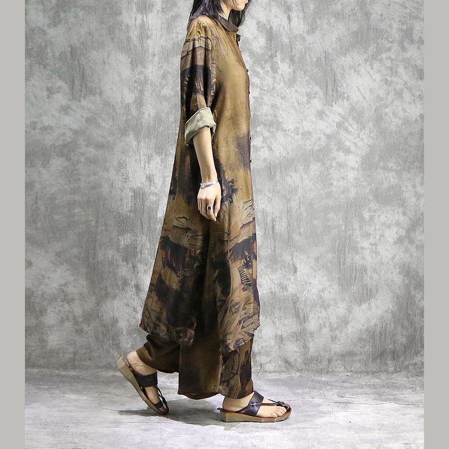 Elegant wide leg pant silk Tunics yellow two pieces Plus Size Dress summer prints