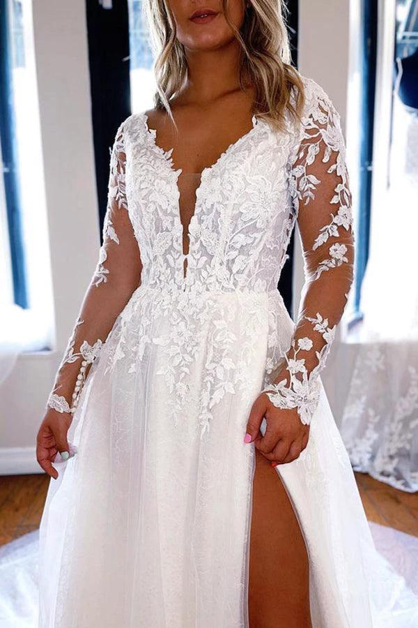 Elegant A-line V Neck Lace Long Sleeves Wedding Dresses (ZD16216)