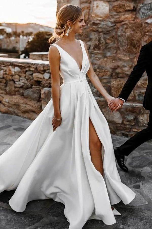 Elegant A-line Satin V-neckline Sweep Train Wedding Dresses (ZD16234)