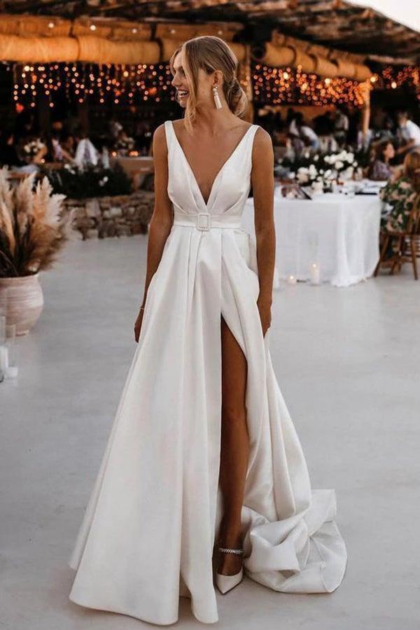 Elegant A-line Satin V-neckline Sweep Train Wedding Dresses (ZD16234)