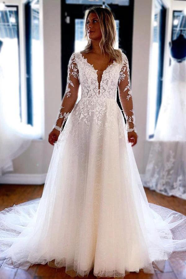 Elegant A-line V Neck Lace Long Sleeves Wedding Dresses (ZD16216)
