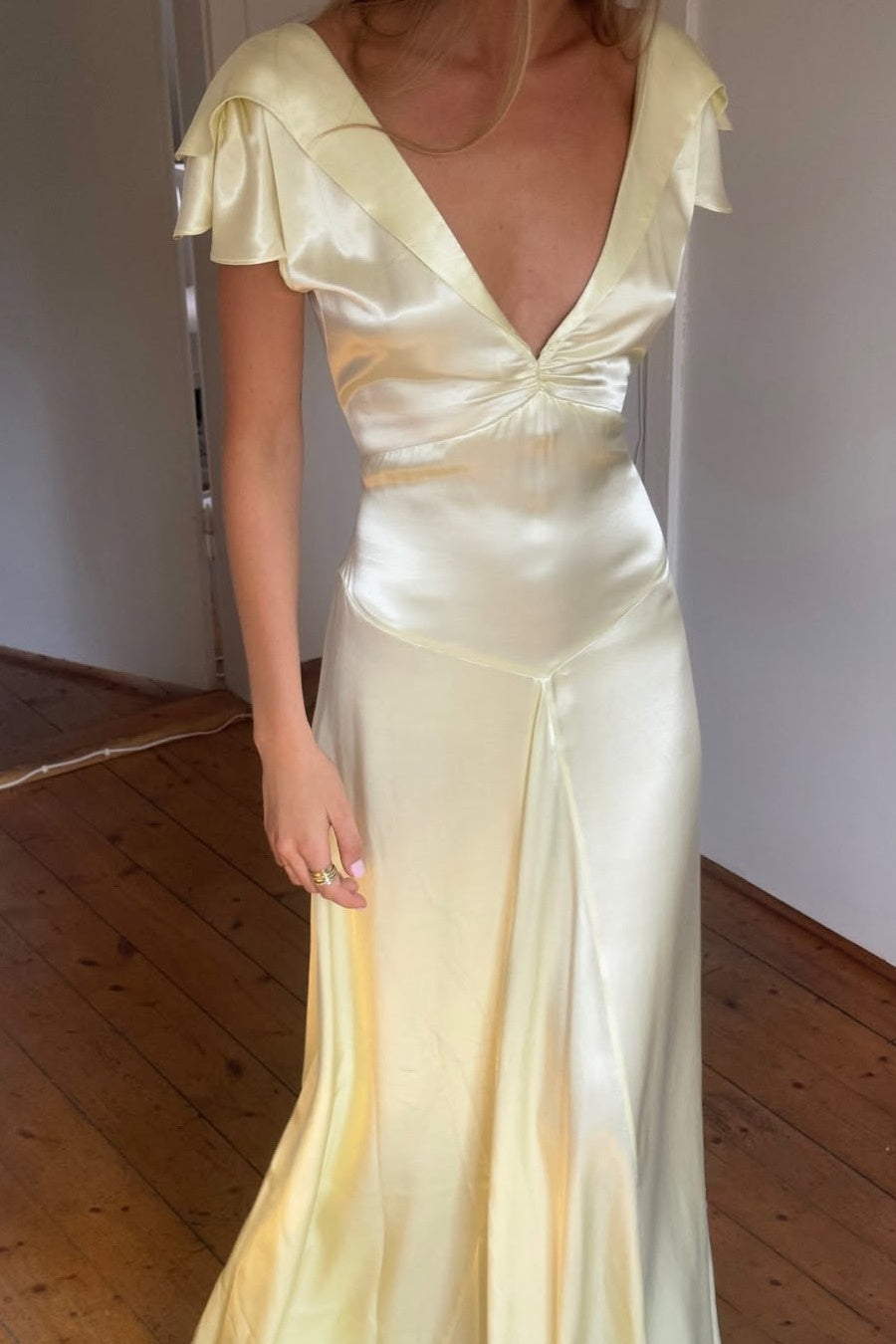 Charming A Line Deep V Neck Light Yellow Long Prom Dress with Open Back