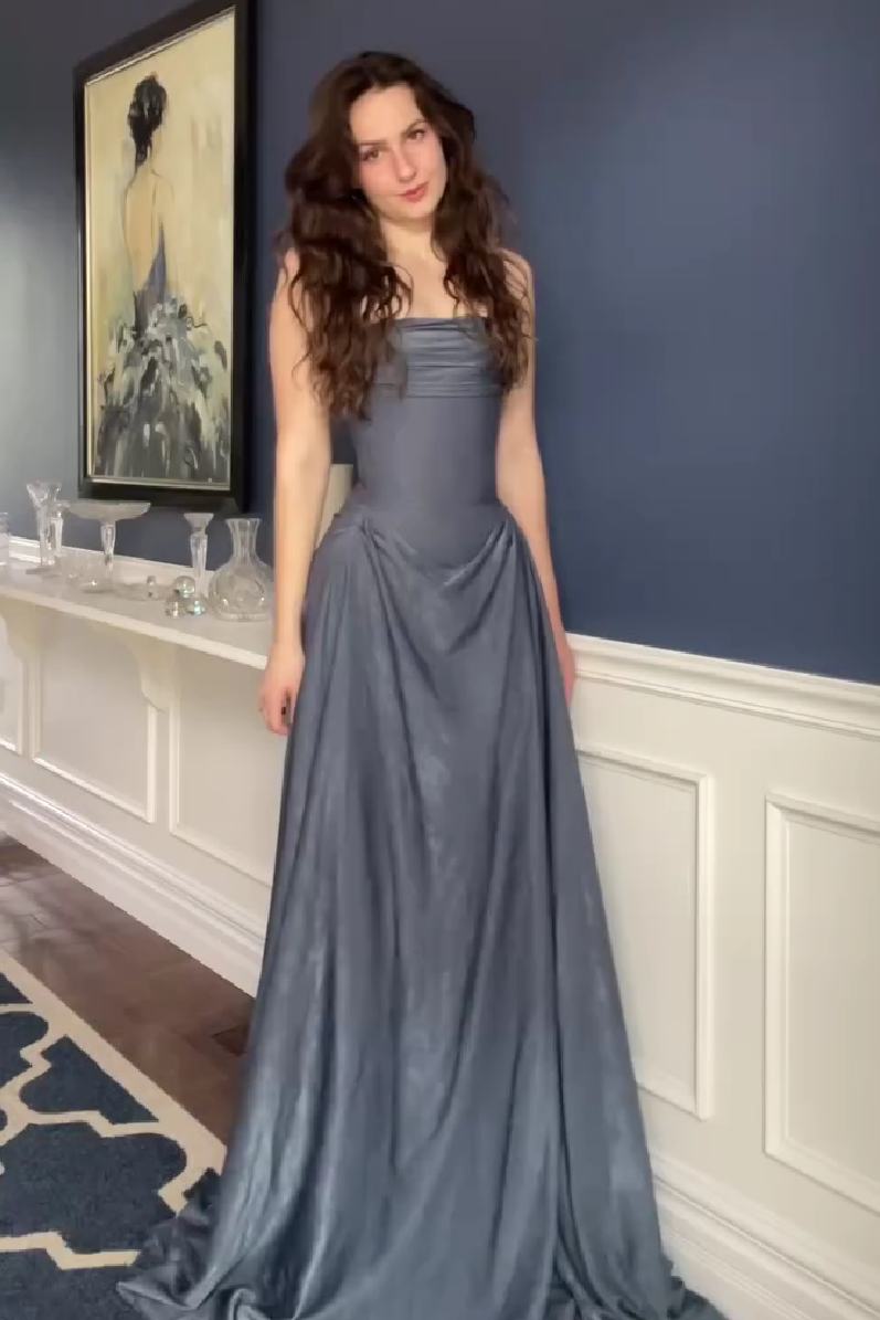 Romantic A Line Strapless Grey Blue Long Prom Dress with Ruffles - View 2 | VelvetHem
