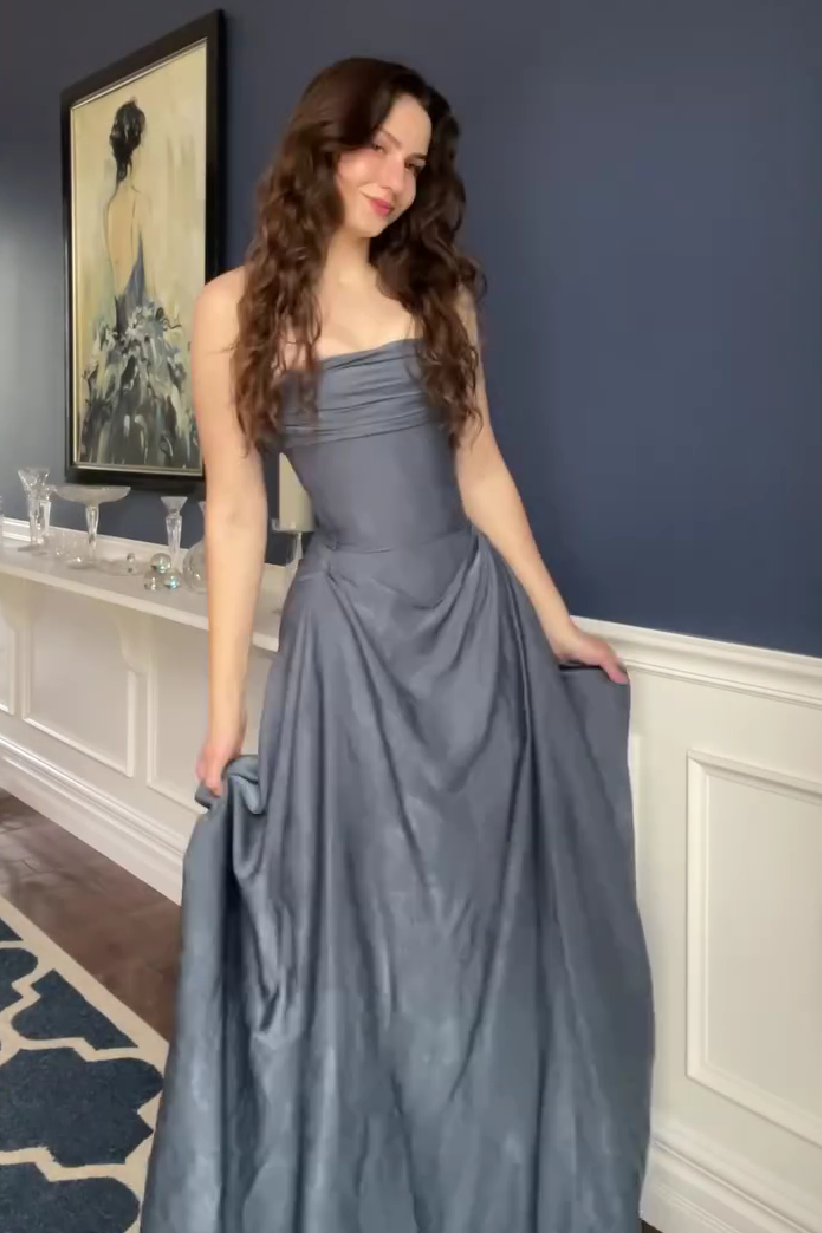 Romantic A Line Strapless Grey Blue Long Prom Dress with Ruffles - VelvetHem