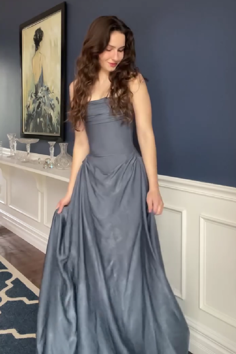 Romantic A Line Strapless Grey Blue Long Prom Dress with Ruffles - View 3 | VelvetHem