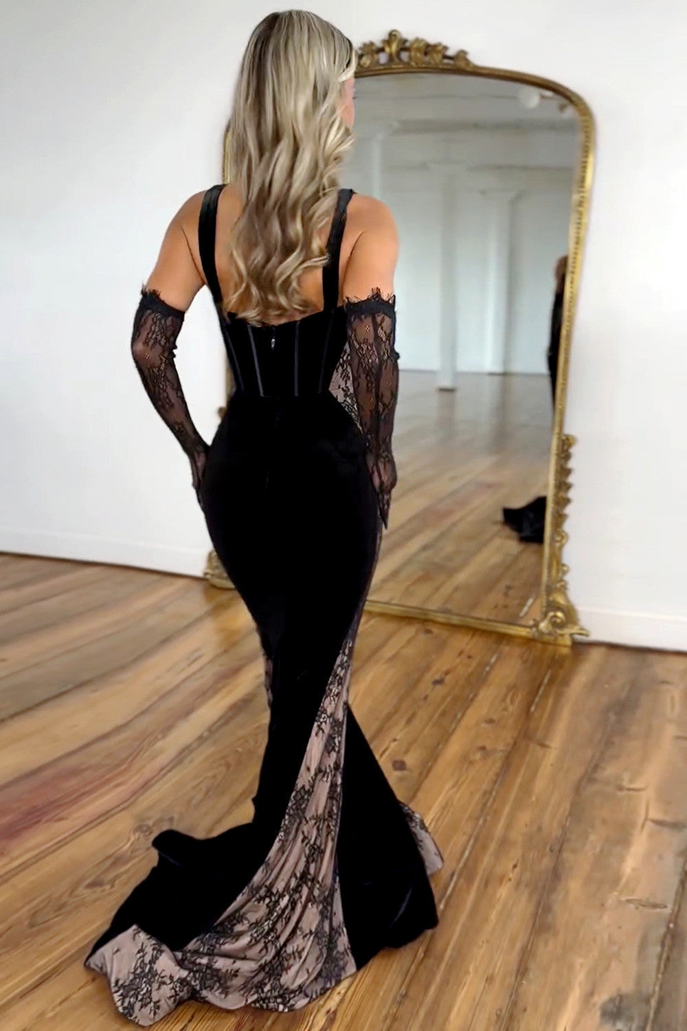 Elegant Black Mermaid Straps Long Sweep Train Velvet and Lace Prom Dress - View 2 | VelvetHem