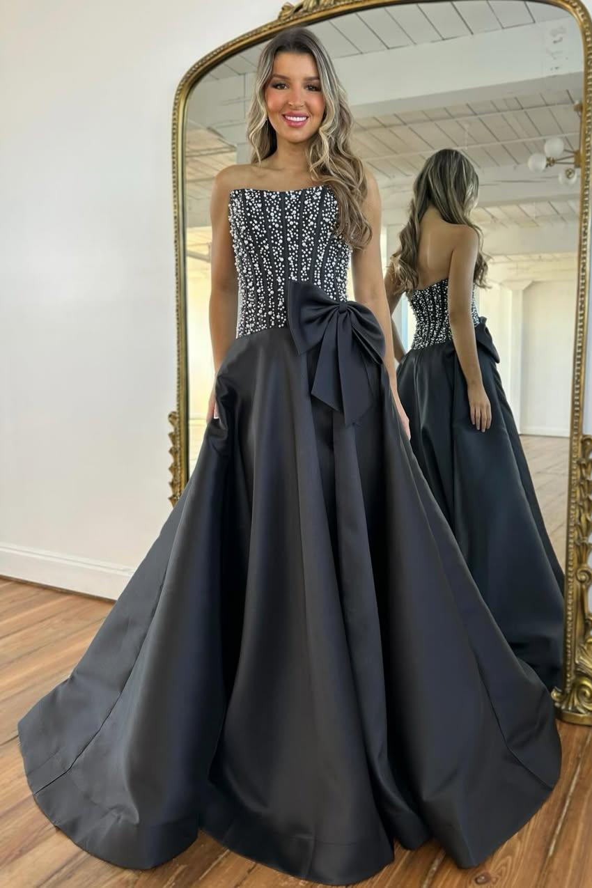 Charming A Line Strapless Yellow Satin Prom Dress with Beading Bowknot - View 3 | VelvetHem
