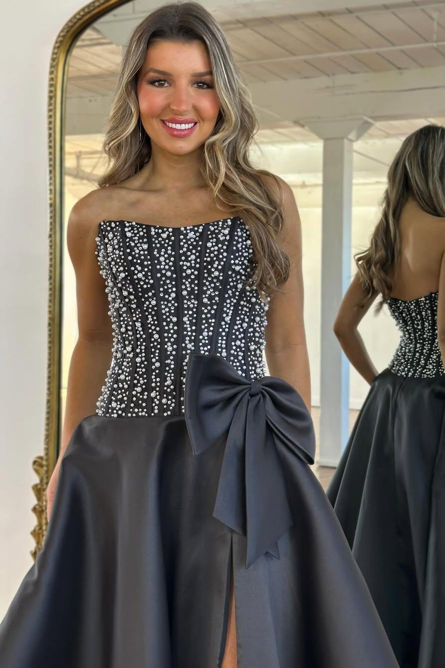 Charming A Line Strapless Yellow Satin Prom Dress with Beading Bowknot - View 5 | VelvetHem