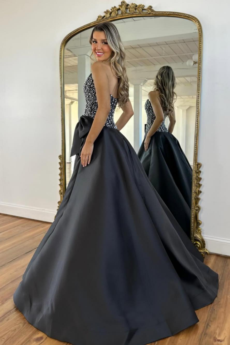 Charming A Line Strapless Yellow Satin Prom Dress with Beading Bowknot - View 4 | VelvetHem