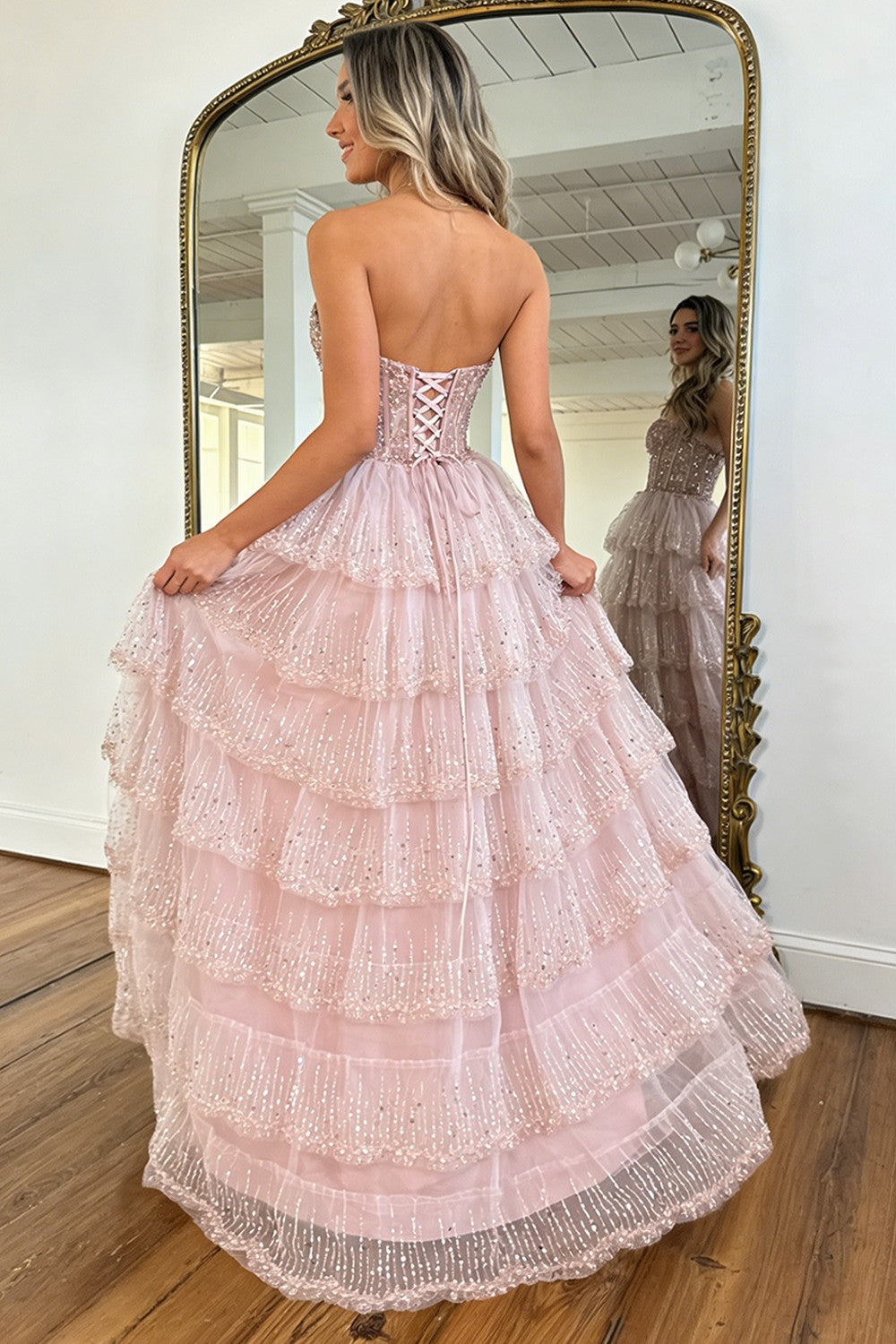 Gorgeous A Line Sweetheart Blush Pink Lace Up Tiered Tulle Prom Dress with Sparkle