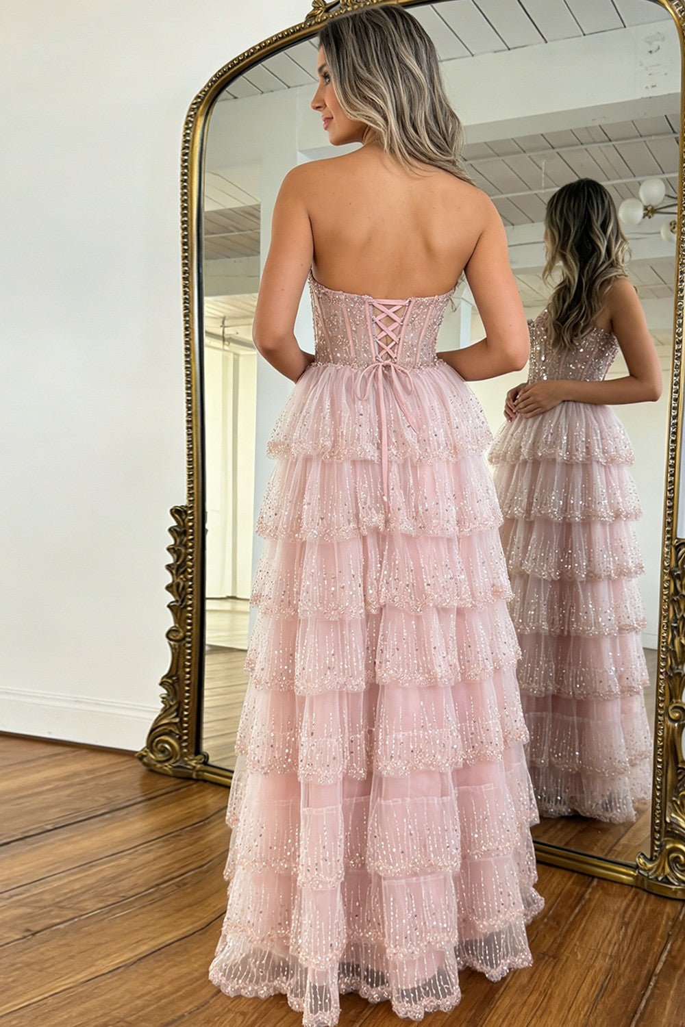 Gorgeous A Line Sweetheart Blush Pink Lace Up Tiered Tulle Prom Dress with Sparkle