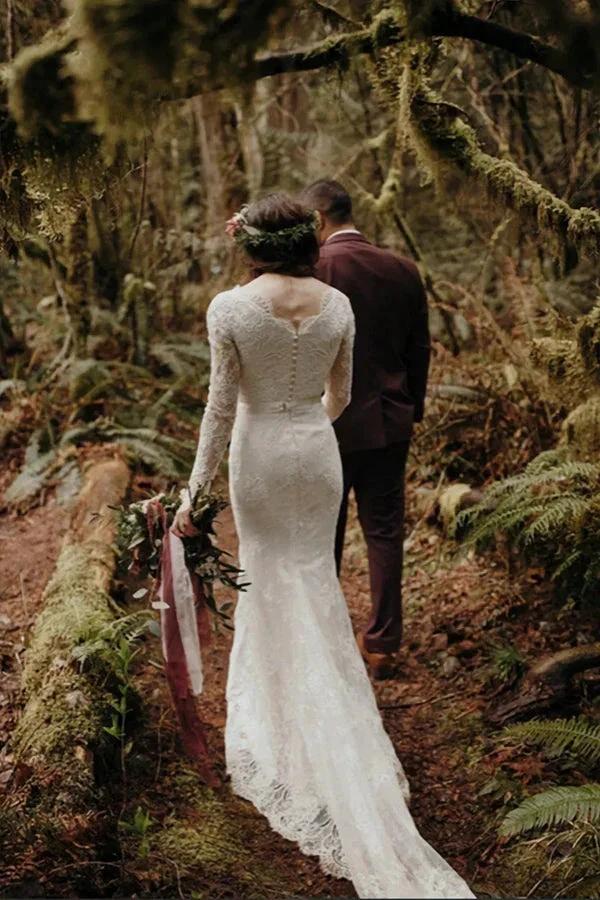 Elegant Lace Mermaid Round Neck Long Sleeves Wedding Dresses (ZD16177)