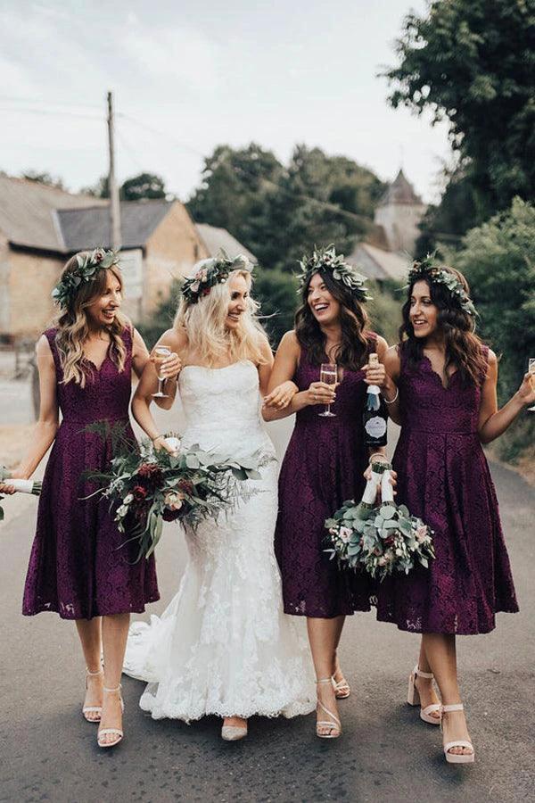 Elegant Lace V-Neckline Tea-length A-line Bridesmaid Dress BD094 by pgmdress