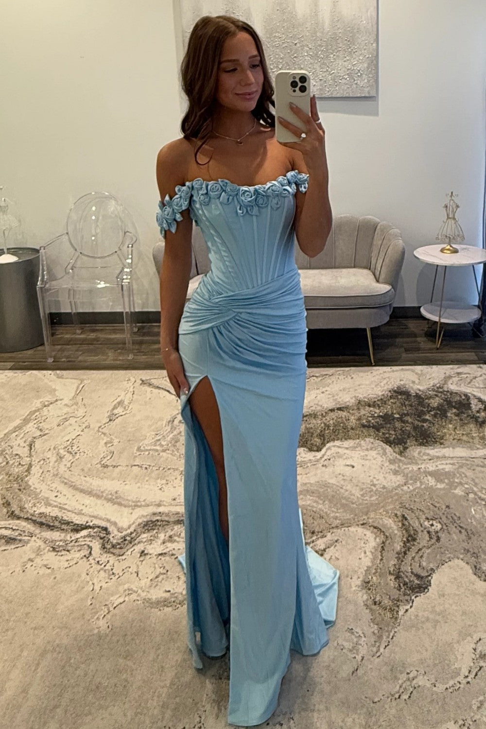 Chic Mermaid Off the Shoulder Blue Corset Prom Dress with 3D Flowers - View 3 | VelvetHem