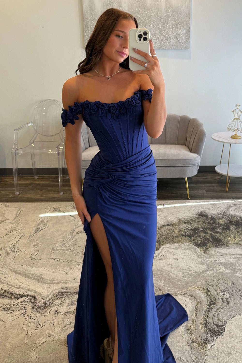Chic Mermaid Off the Shoulder Blue Corset Prom Dress with 3D Flowers - View 9 | VelvetHem