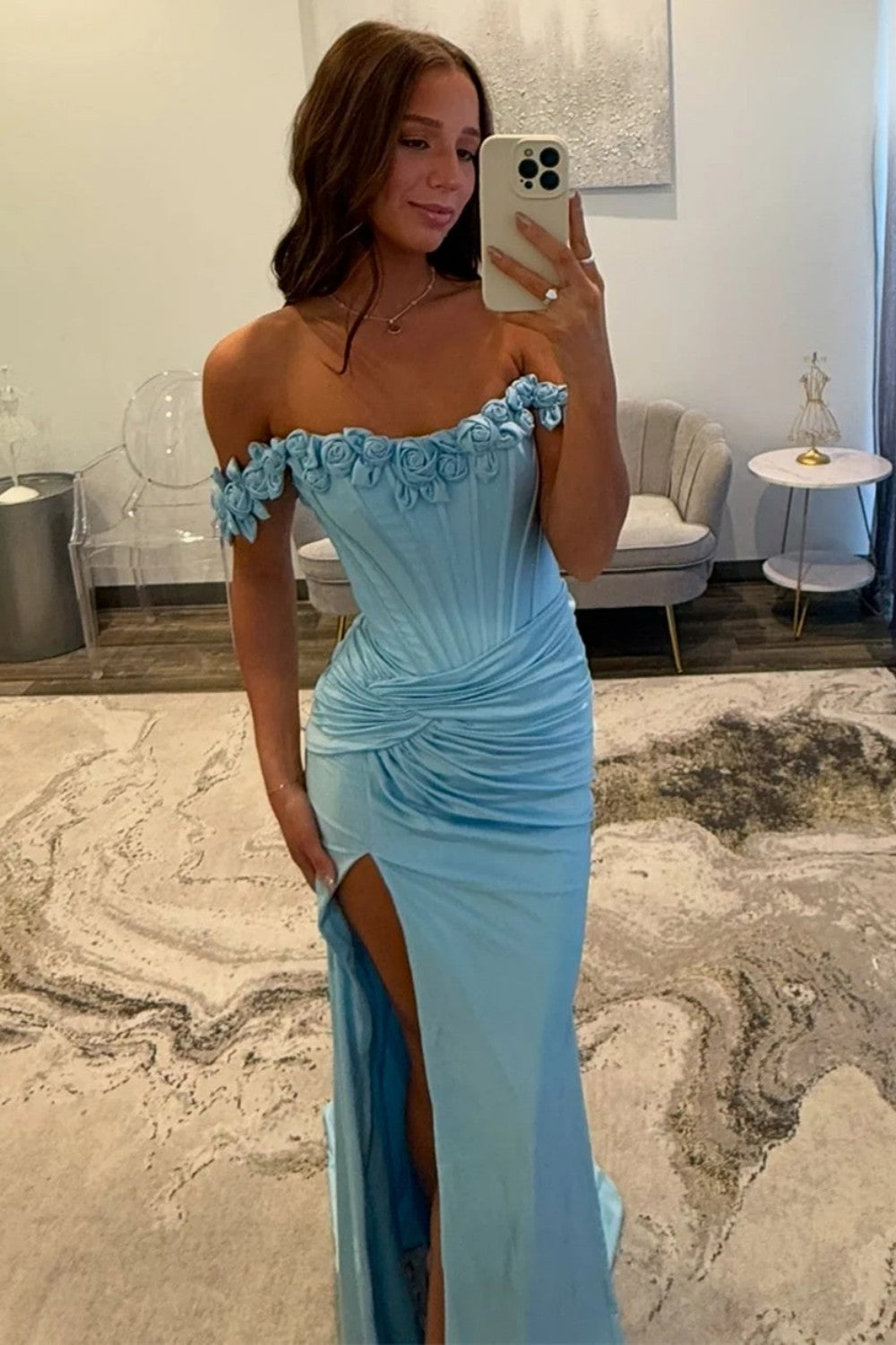 Chic Mermaid Off the Shoulder Blue Corset Prom Dress with 3D Flowers - View 5 | VelvetHem