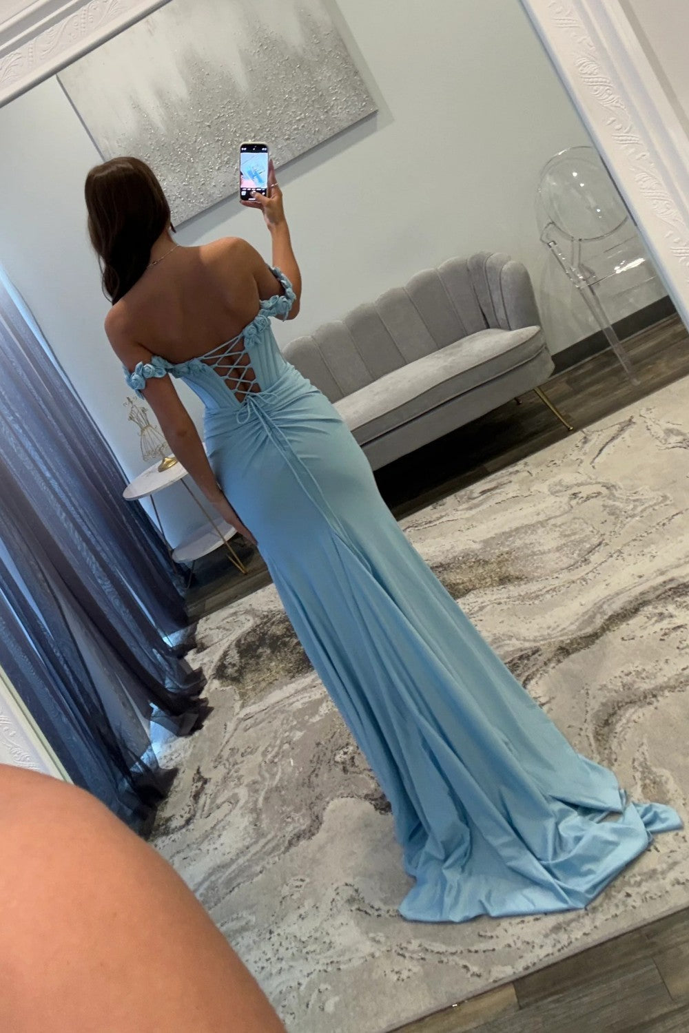 Chic Mermaid Off the Shoulder Blue Corset Prom Dress with 3D Flowers - View 2 | VelvetHem