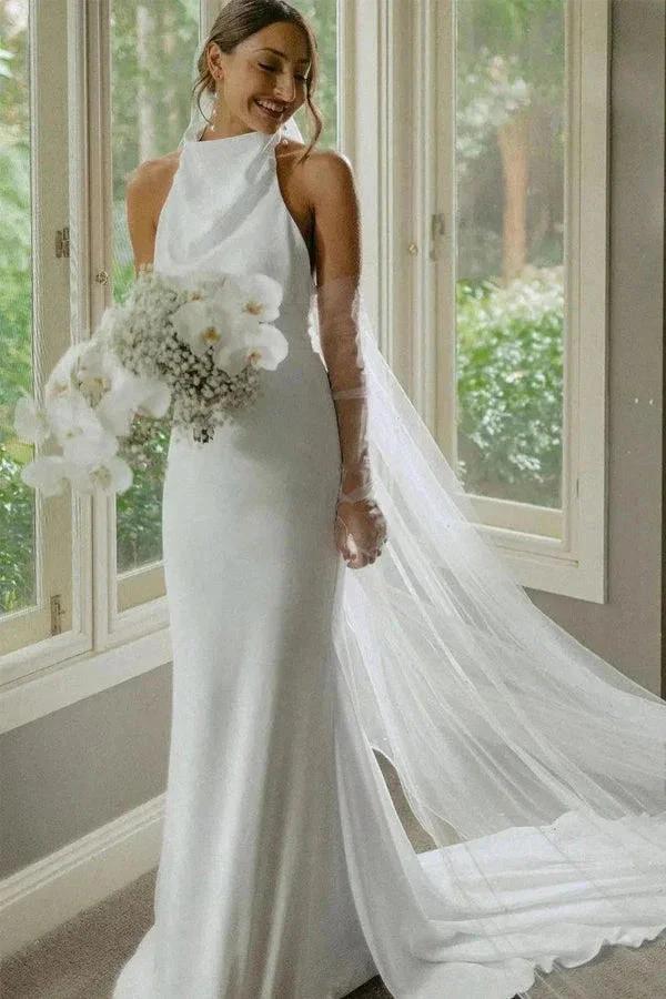 Elegant Mermaid Halter Modest Wedding Dress Simple Bridal Gown (ZD16087) - VelvetHem