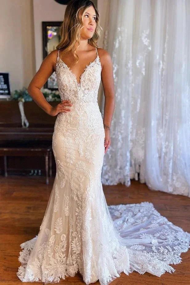 Elegant Mermaid V Neck Lace Bohemian Wedding Dresses with Court Train (ZD16142) - VelvetHem