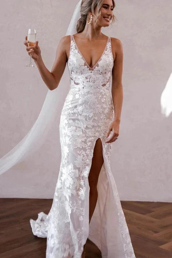 Elegant Mermaid V Neck Lace Boho Wedding Dresses with Slit (ZD16144) - VelvetHem