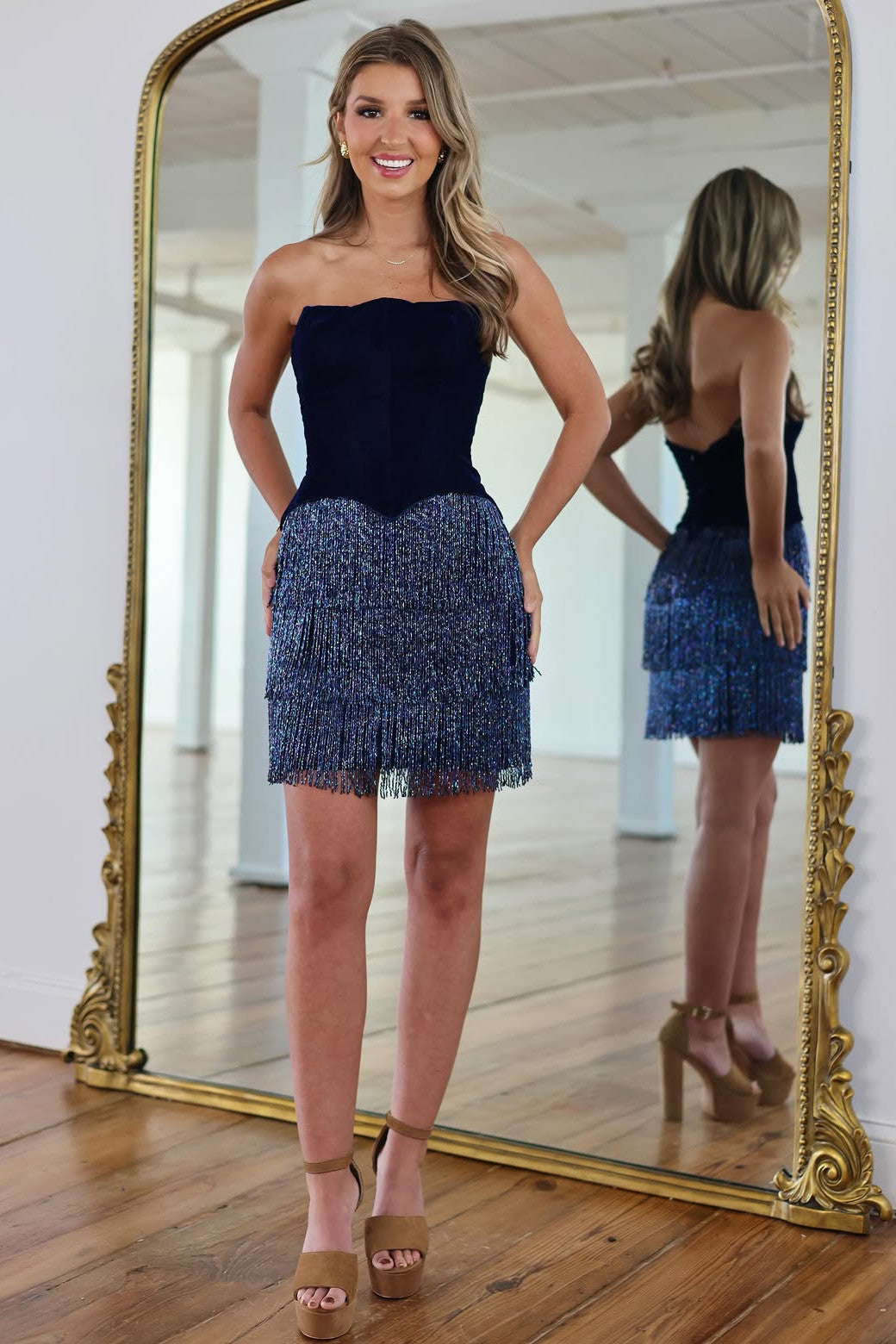 Gorgeous Bodycon Strapless Navy Short Homecoming Dress with Tassels