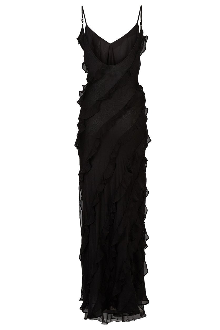 Elegant Sheath Spaghetti Straps Black Long Prom Dress with Ruffles - View 4 | VelvetHem