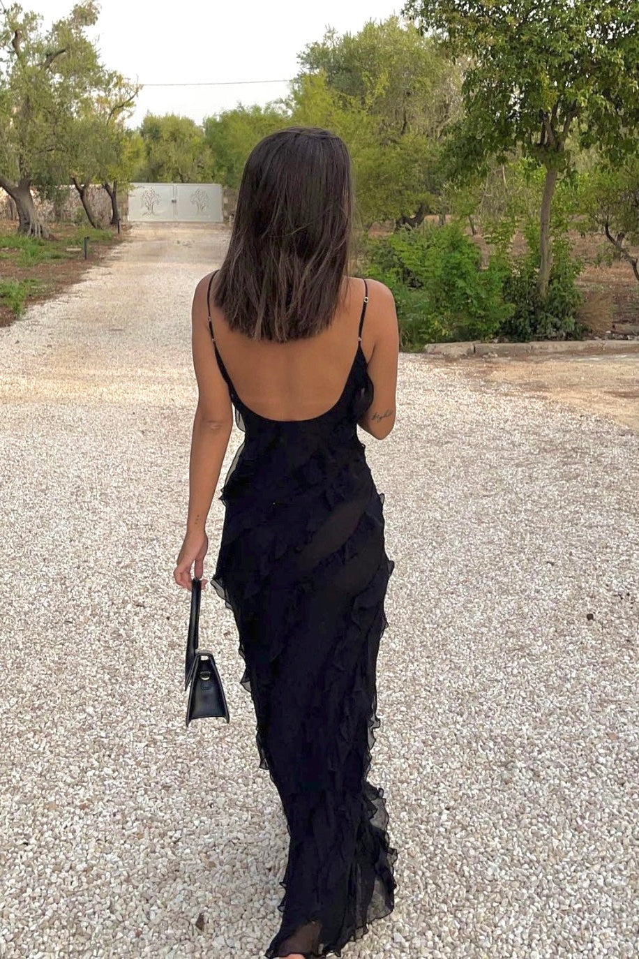 Elegant Sheath Spaghetti Straps Black Long Prom Dress with Ruffles - View 2 | VelvetHem