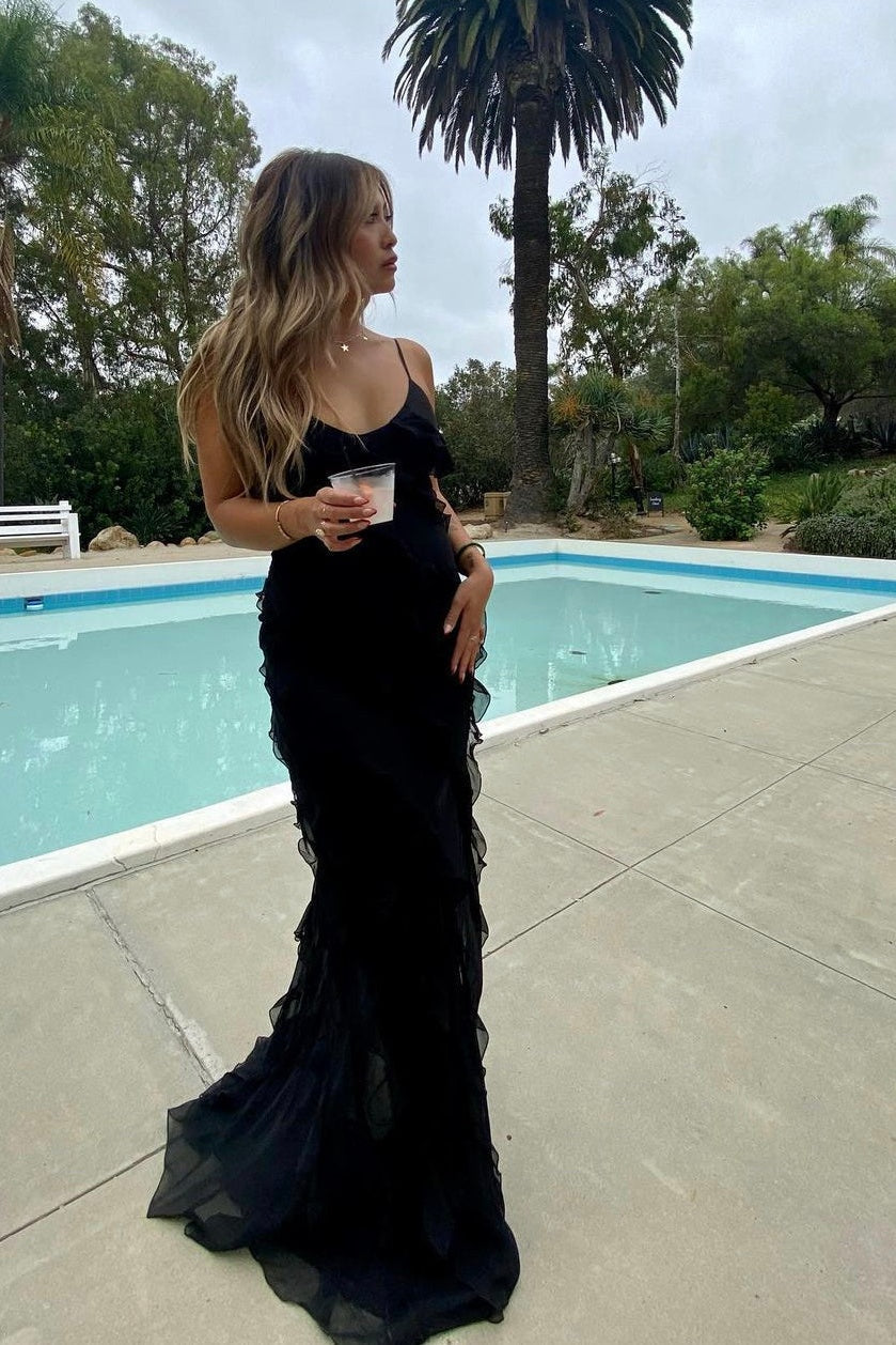 Elegant Sheath Spaghetti Straps Black Long Prom Dress with Ruffles - View 5 | VelvetHem