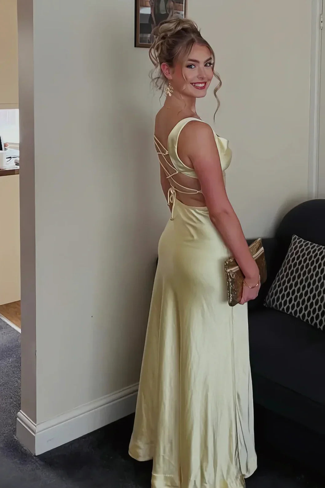 Elegant Sheath Square Neck Yellow Long Prom Dress with Criss Cross Back