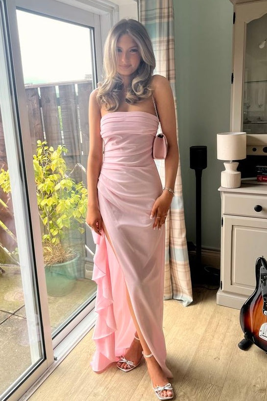 Elegant Sheath Strapless Pink Long Prom Dress with Split Front